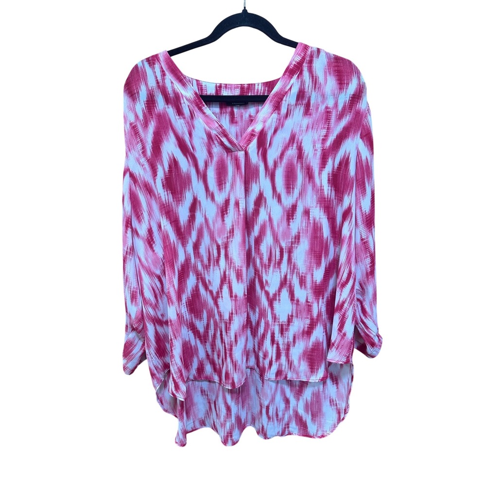 a.n.a A New Approach Pink‎ White Ikat Abstract V-Neck High-Low Blouse Top Womens